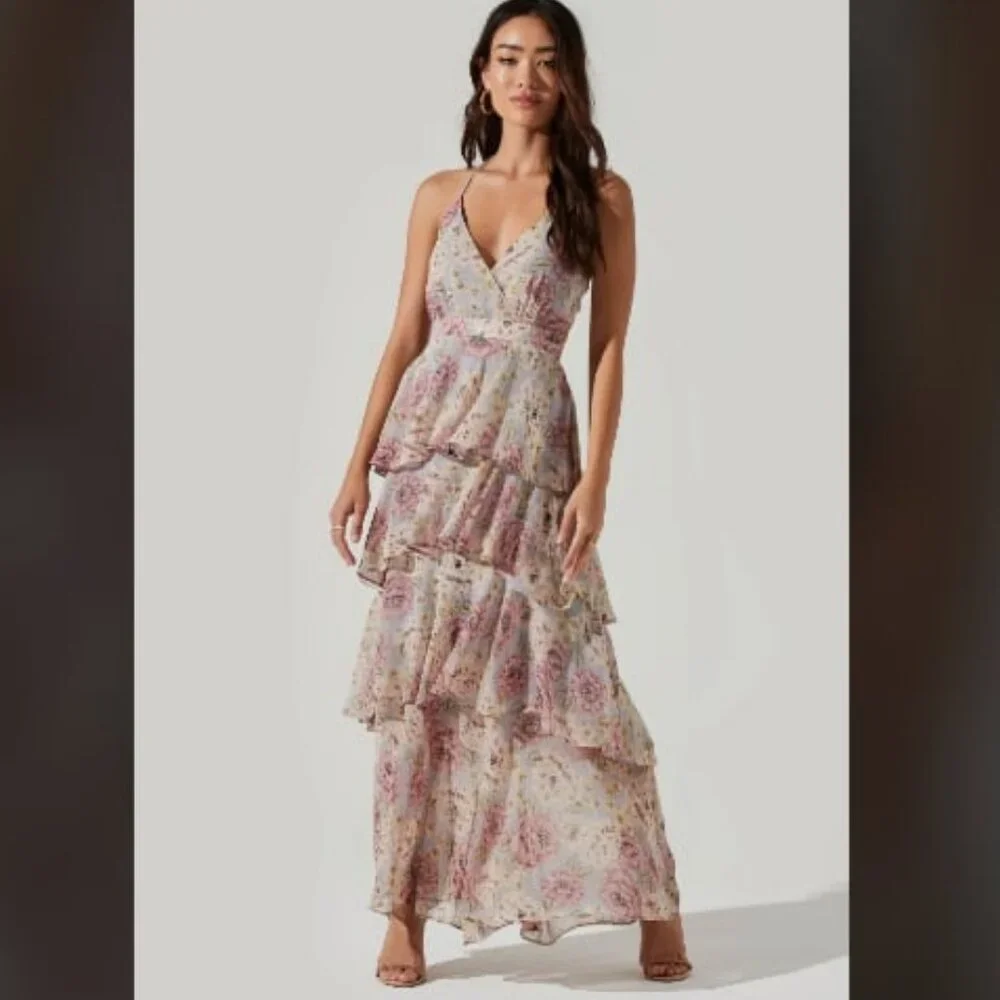 NWT ASTR the Label Rosana Chiffon Ruffle Tiers Maxi Dress Yellow Purple Floral S